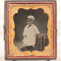 Lot 128 - Antique 1/6th Plate Ambrotype Photograph Of Young Child In White Dress And Feathered Hat, In Half Leatherette Union Case
