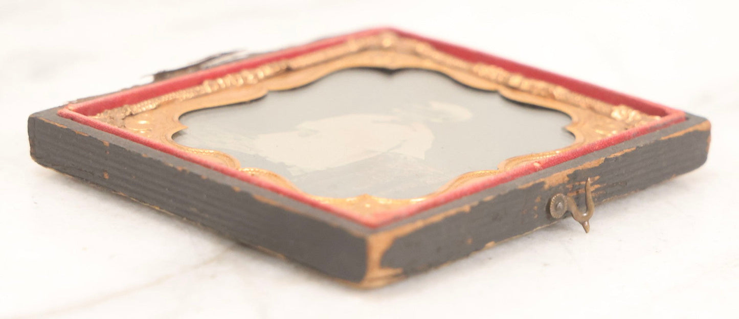 Lot 128 - Antique 1/6th Plate Ambrotype Photograph Of Young Child In White Dress And Feathered Hat, In Half Leatherette Union Case