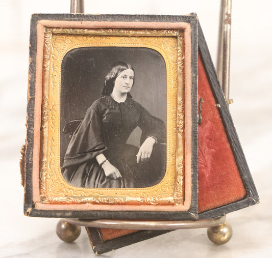 Lot 129 - Antique 1/9th Plate Tintype Photograph Of Young Woman Seated In Dark Dress, In Full Split Leatherette Union Case