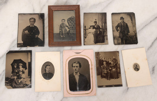 Lot 135 - Grouping Of Nine Antique Tintype Photographs Including Ladies With Parasol, Man In Bowler Hat, Group Portrait, And Child In Miniature Wood Frame