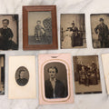 Lot 135 - Grouping Of Nine Antique Tintype Photographs Including Ladies With Parasol, Man In Bowler Hat, Group Portrait, And Child In Miniature Wood Frame