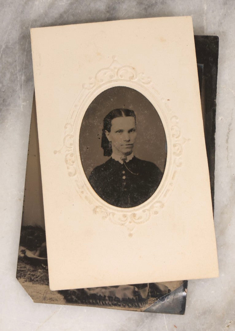 Lot 135 - Grouping Of Nine Antique Tintype Photographs Including Ladies With Parasol, Man In Bowler Hat, Group Portrait, And Child In Miniature Wood Frame