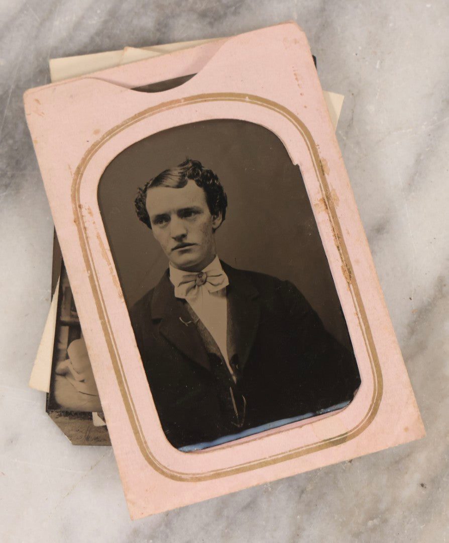 Lot 135 - Grouping Of Nine Antique Tintype Photographs Including Ladies With Parasol, Man In Bowler Hat, Group Portrait, And Child In Miniature Wood Frame