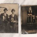Lot 136 - Grouping Of Four Antique Tintype Photographs Including Two Humorous Baby Portraits Riding Dog Painted On Backdrop, Woman In Extravagant Dress, And Two Men Wearing Bowler Hats And Fraternal Ribbons