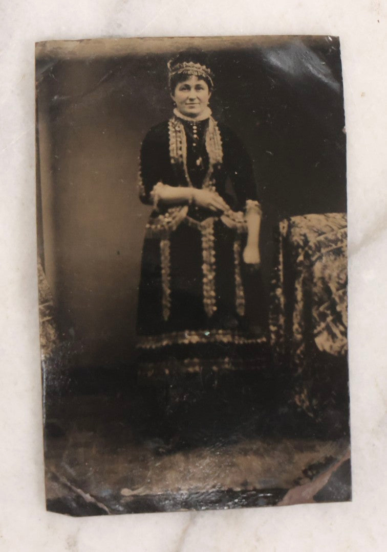 Lot 136 - Grouping Of Four Antique Tintype Photographs Including Two Humorous Baby Portraits Riding Dog Painted On Backdrop, Woman In Extravagant Dress, And Two Men Wearing Bowler Hats And Fraternal Ribbons