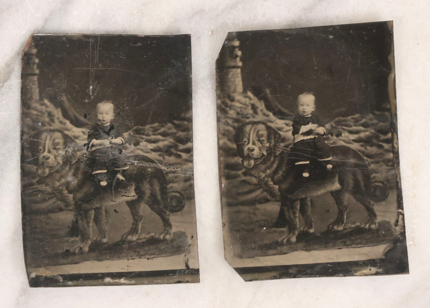 Lot 136 - Grouping Of Four Antique Tintype Photographs Including Two Humorous Baby Portraits Riding Dog Painted On Backdrop, Woman In Extravagant Dress, And Two Men Wearing Bowler Hats And Fraternal Ribbons