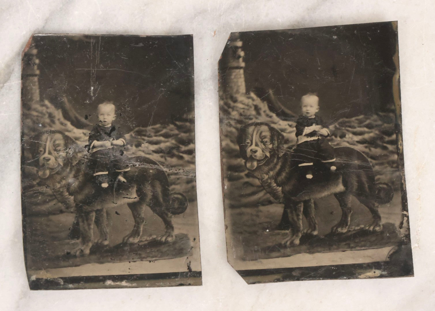 Lot 136 - Grouping Of Four Antique Tintype Photographs Including Two Humorous Baby Portraits Riding Dog Painted On Backdrop, Woman In Extravagant Dress, And Two Men Wearing Bowler Hats And Fraternal Ribbons