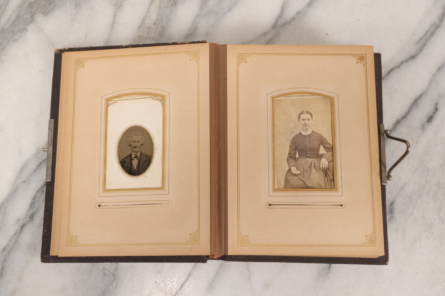 Lot 140 - Antique Portrait Photograph Album With 15 Carte De Visite C.D.V.., 2 Cabinet Card, And 3 Tintype Photographs Of Men, Women, And Children