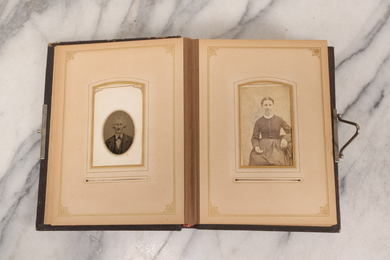 Lot 140 - Antique Portrait Photograph Album With 15 Carte De Visite C.D.V.., 2 Cabinet Card, And 3 Tintype Photographs Of Men, Women, And Children