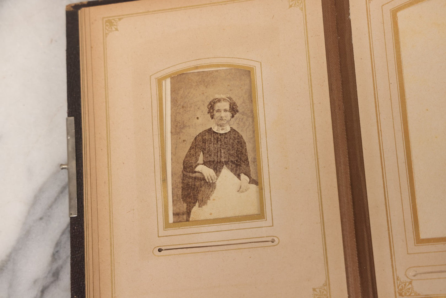 Lot 140 - Antique Portrait Photograph Album With 15 Carte De Visite C.D.V.., 2 Cabinet Card, And 3 Tintype Photographs Of Men, Women, And Children