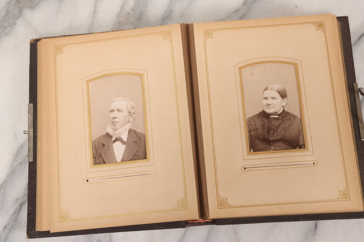 Lot 140 - Antique Portrait Photograph Album With 15 Carte De Visite C.D.V.., 2 Cabinet Card, And 3 Tintype Photographs Of Men, Women, And Children