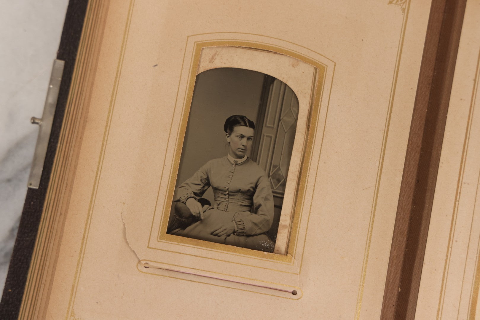 Lot 140 - Antique Portrait Photograph Album With 15 Carte De Visite C.D.V.., 2 Cabinet Card, And 3 Tintype Photographs Of Men, Women, And Children