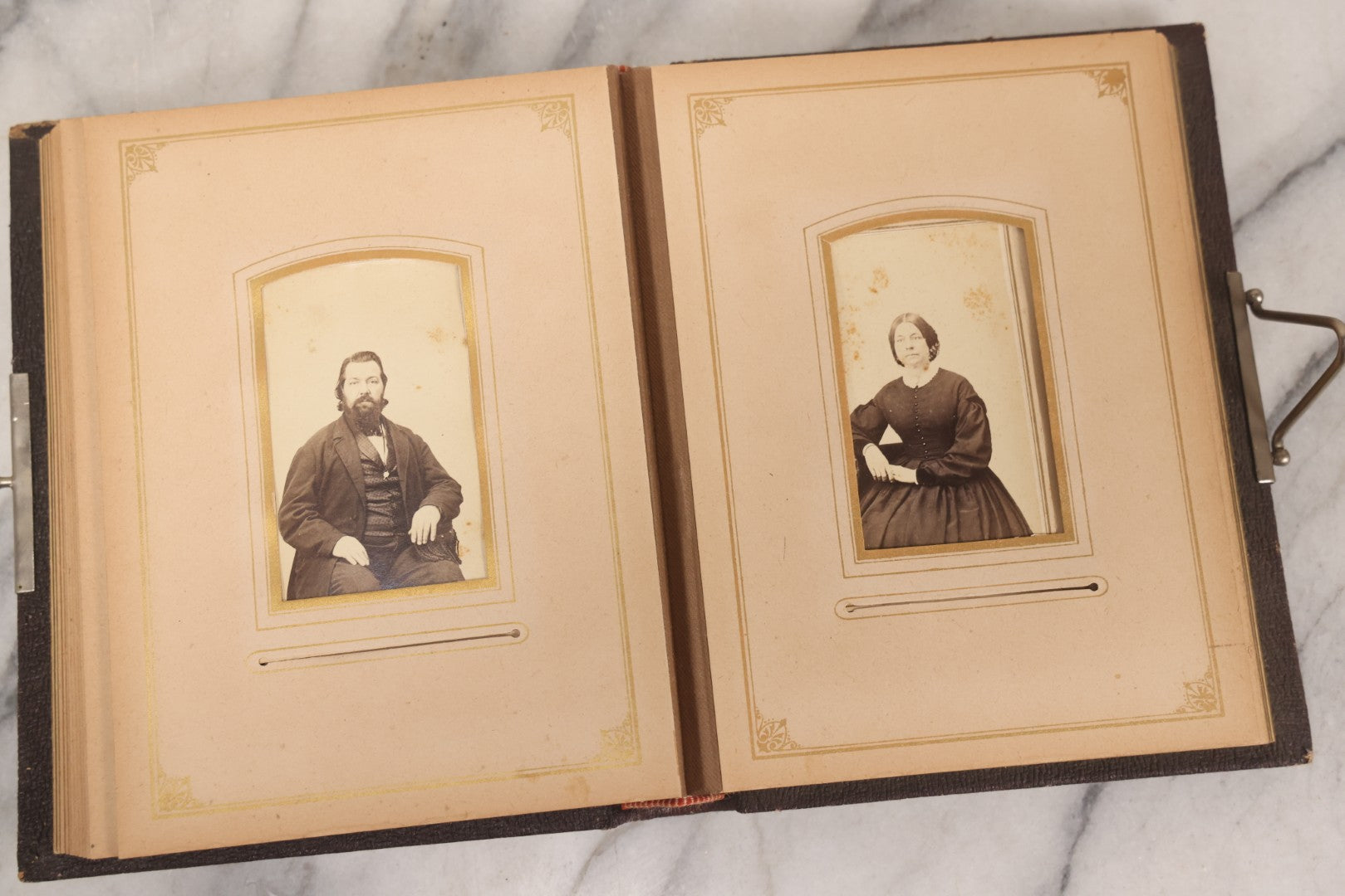 Lot 140 - Antique Portrait Photograph Album With 15 Carte De Visite C.D.V.., 2 Cabinet Card, And 3 Tintype Photographs Of Men, Women, And Children