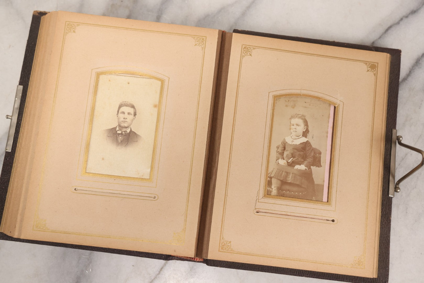 Lot 140 - Antique Portrait Photograph Album With 15 Carte De Visite C.D.V.., 2 Cabinet Card, And 3 Tintype Photographs Of Men, Women, And Children
