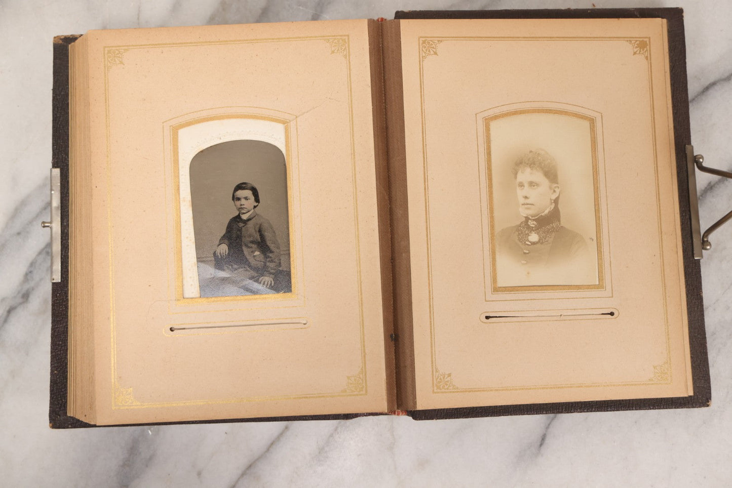Lot 140 - Antique Portrait Photograph Album With 15 Carte De Visite C.D.V.., 2 Cabinet Card, And 3 Tintype Photographs Of Men, Women, And Children