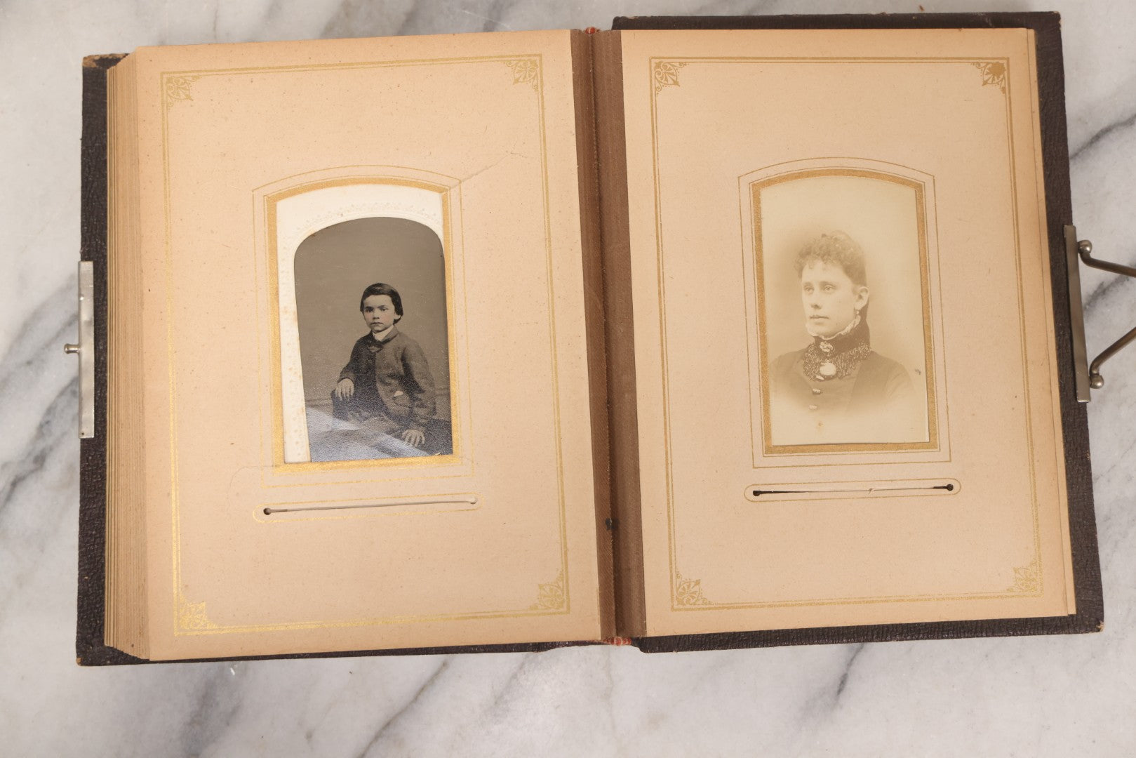 Lot 140 - Antique Portrait Photograph Album With 15 Carte De Visite C.D.V.., 2 Cabinet Card, And 3 Tintype Photographs Of Men, Women, And Children