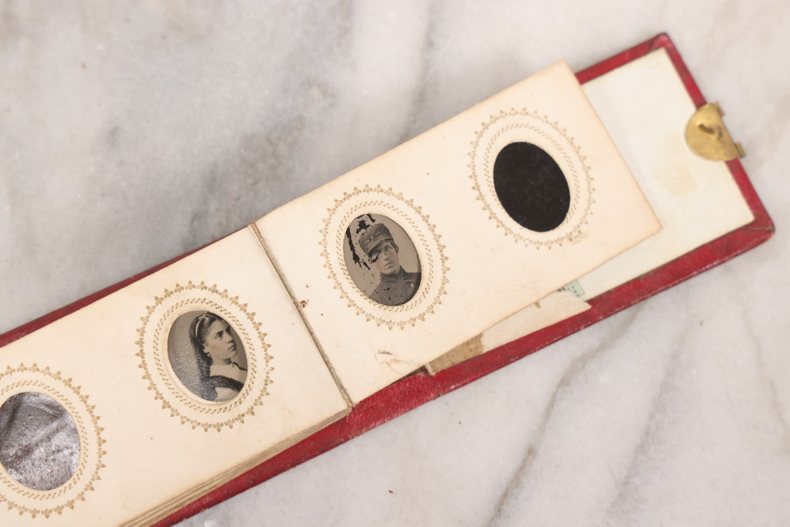 Lot 141 - Antique Gem Tintype Album With 26 Gem Tintype Photographs Including Man In Uniform, Note Binding In Poor Condition