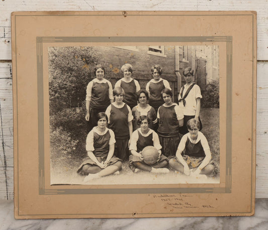 Lot 146 - Antique Boarded Photograph Of Women's Basketball Team Posing With Ball, 1925–1926 Season, With Handwritten Note