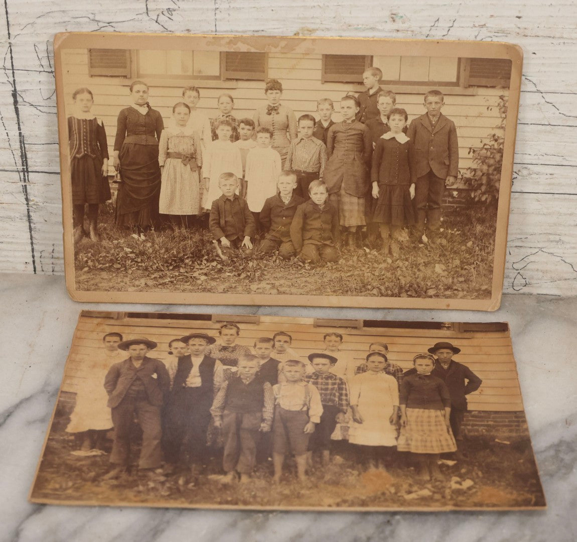 Lot 147 - Pair Of Antique Boarded Photographs Of Schoolchildren Outside Schoolhouse, Identified As Emma Putney Clough And Schoolmates, One With Albert O. Elwell Danvers, Massachusetts Backmark