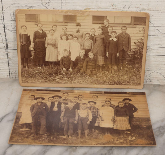 Lot 147 - Pair Of Antique Boarded Photographs Of Schoolchildren Outside Schoolhouse, Identified As Emma Putney Clough And Schoolmates, One With Albert O. Elwell Danvers, Massachusetts Backmark