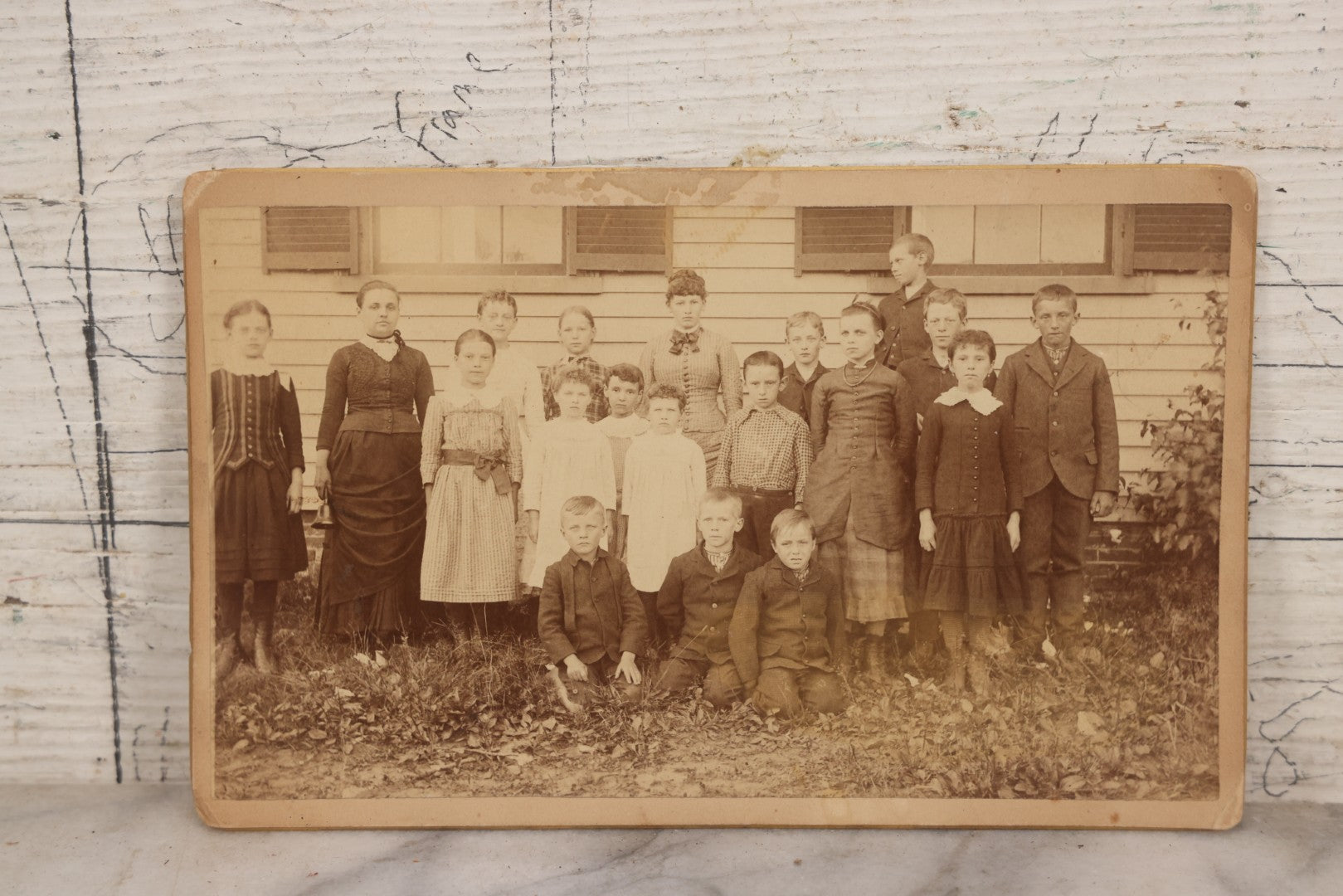 Lot 147 - Pair Of Antique Boarded Photographs Of Schoolchildren Outside Schoolhouse, Identified As Emma Putney Clough And Schoolmates, One With Albert O. Elwell Danvers, Massachusetts Backmark