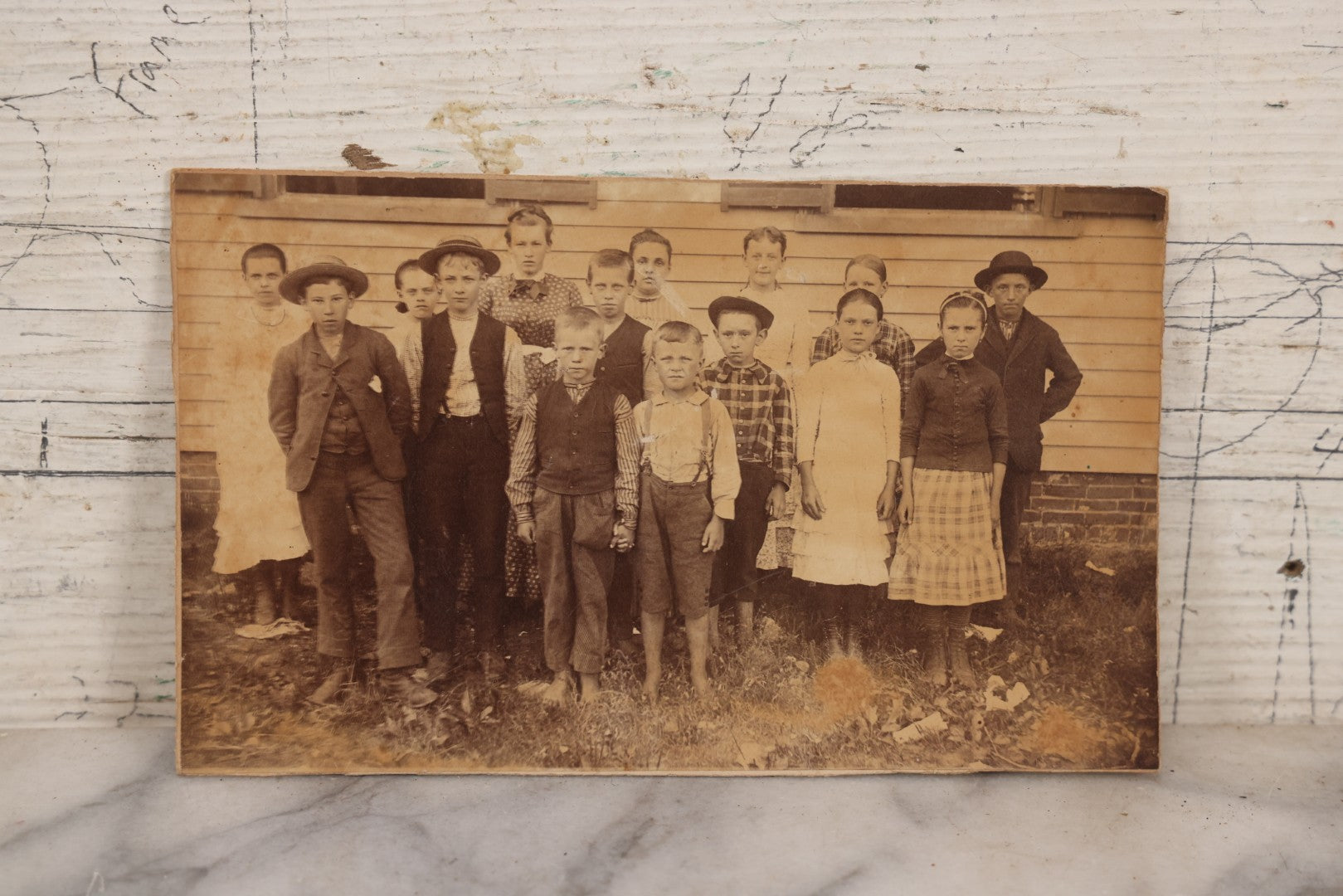 Lot 147 - Pair Of Antique Boarded Photographs Of Schoolchildren Outside Schoolhouse, Identified As Emma Putney Clough And Schoolmates, One With Albert O. Elwell Danvers, Massachusetts Backmark
