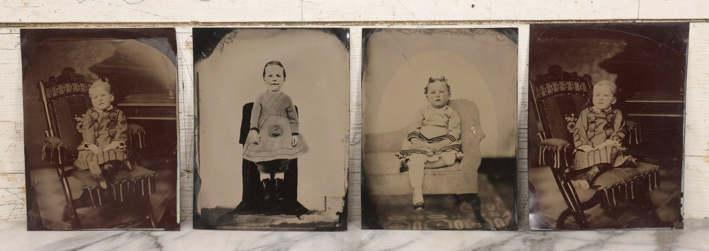Lot 148 - Grouping Of Four Antique Full Plate Tintype Photographs Of Children In Studio Settings
