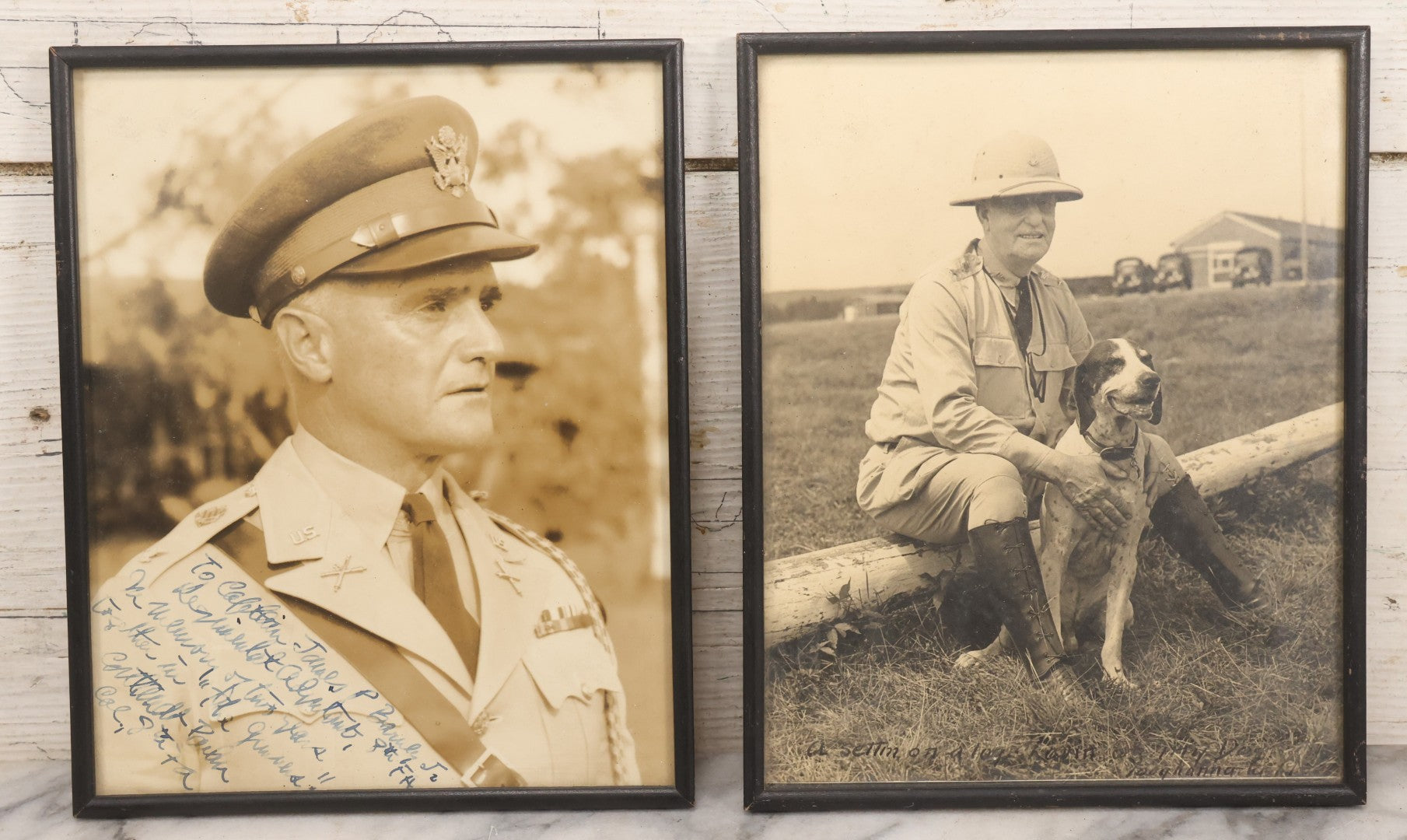 Lot 151 - Pair Of Vintage Military Portrait Photographs In Matching Black Wood Frames, Including Officer With Dog On Log Captioned "A Settin On A Log, Lovin On My Dog" And Portrait Inscribed To Captain James P. Baruly Jr.