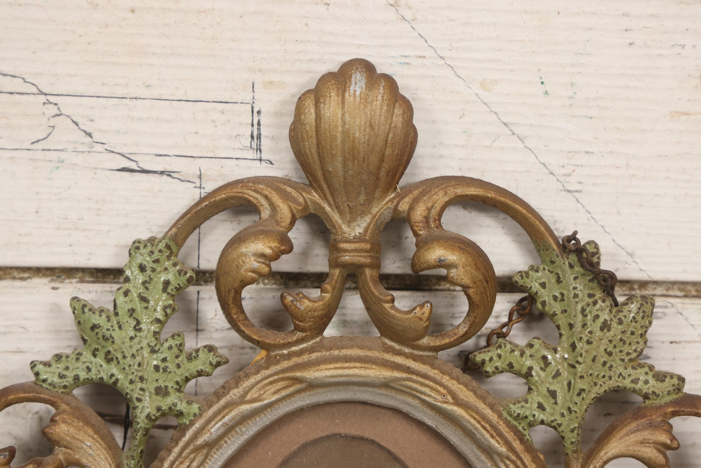 Lot 152 - Antique Decorative Cast Metal Frame With Silver, Gold, And Green Paint And Oval Portrait Of Man With Mustache