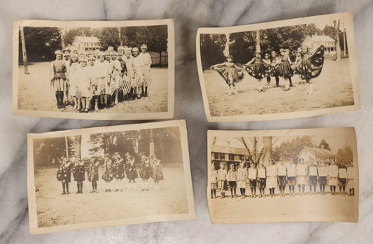 Lot 154 - Grouping Of Four Antique Snapshots Of Schoolchildren In Costume, Including Halloween Dress, Patriotic Headbands With Flags, And Children Holding Letter Signs
