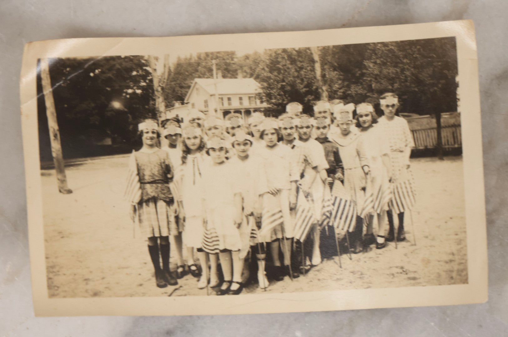 Lot 154 - Grouping Of Four Antique Snapshots Of Schoolchildren In Costume, Including Halloween Dress, Patriotic Headbands With Flags, And Children Holding Letter Signs