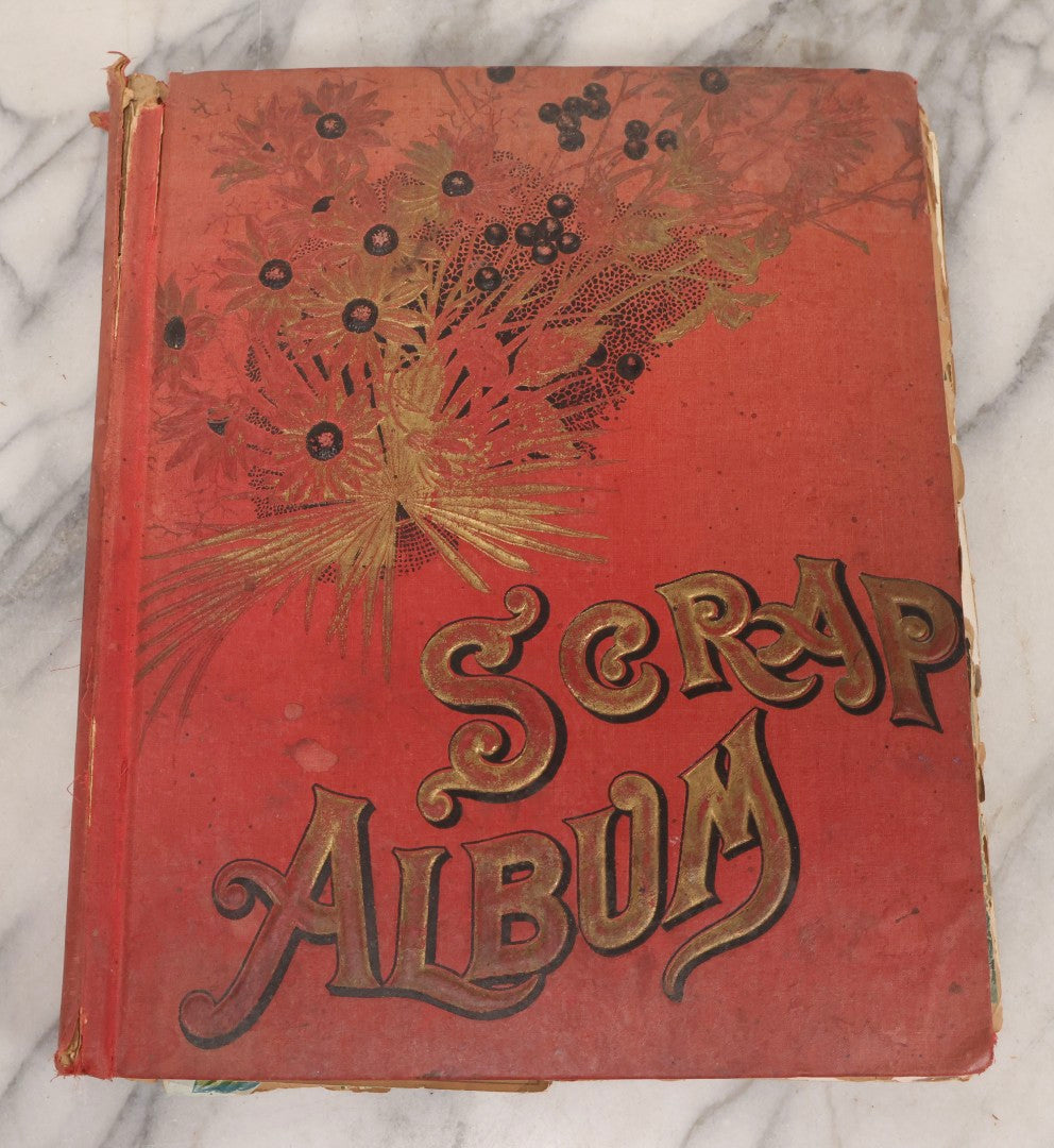 Lot 156 - Antique Victorian Trade Card And Die-Cut Scrapbook With Red Floral Cover, Containing 150+ Pieces, Pages Loose