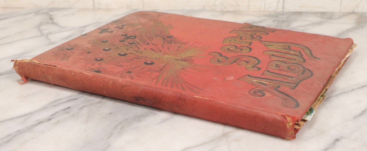 Lot 156 - Antique Victorian Trade Card And Die-Cut Scrapbook With Red Floral Cover, Containing 150+ Pieces, Pages Loose