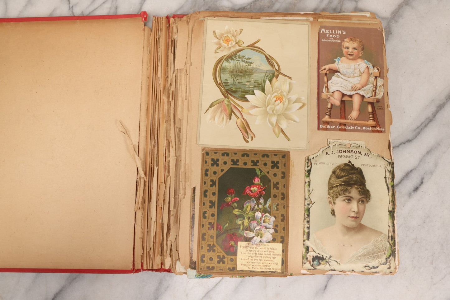 Lot 156 - Antique Victorian Trade Card And Die-Cut Scrapbook With Red Floral Cover, Containing 150+ Pieces, Pages Loose