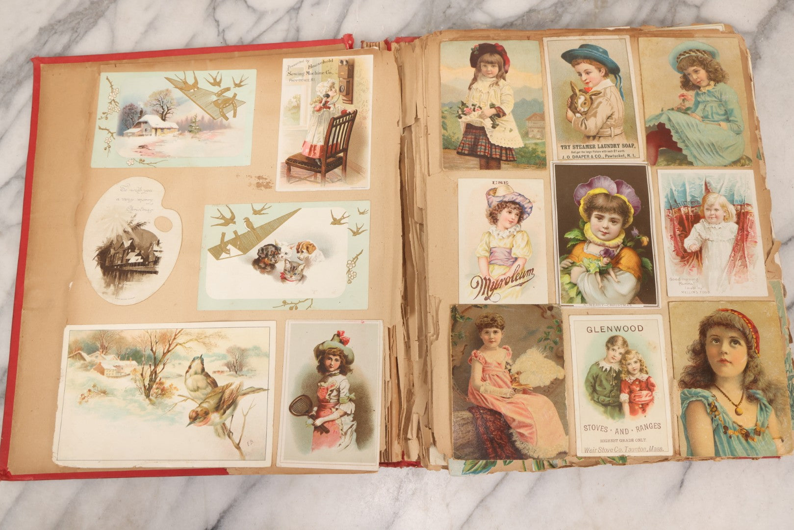 Lot 156 - Antique Victorian Trade Card And Die-Cut Scrapbook With Red Floral Cover, Containing 150+ Pieces, Pages Loose