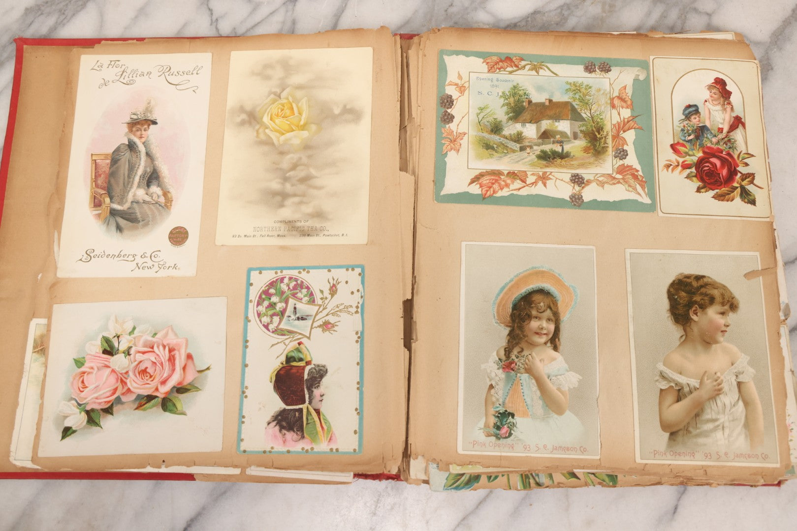 Lot 156 - Antique Victorian Trade Card And Die-Cut Scrapbook With Red Floral Cover, Containing 150+ Pieces, Pages Loose