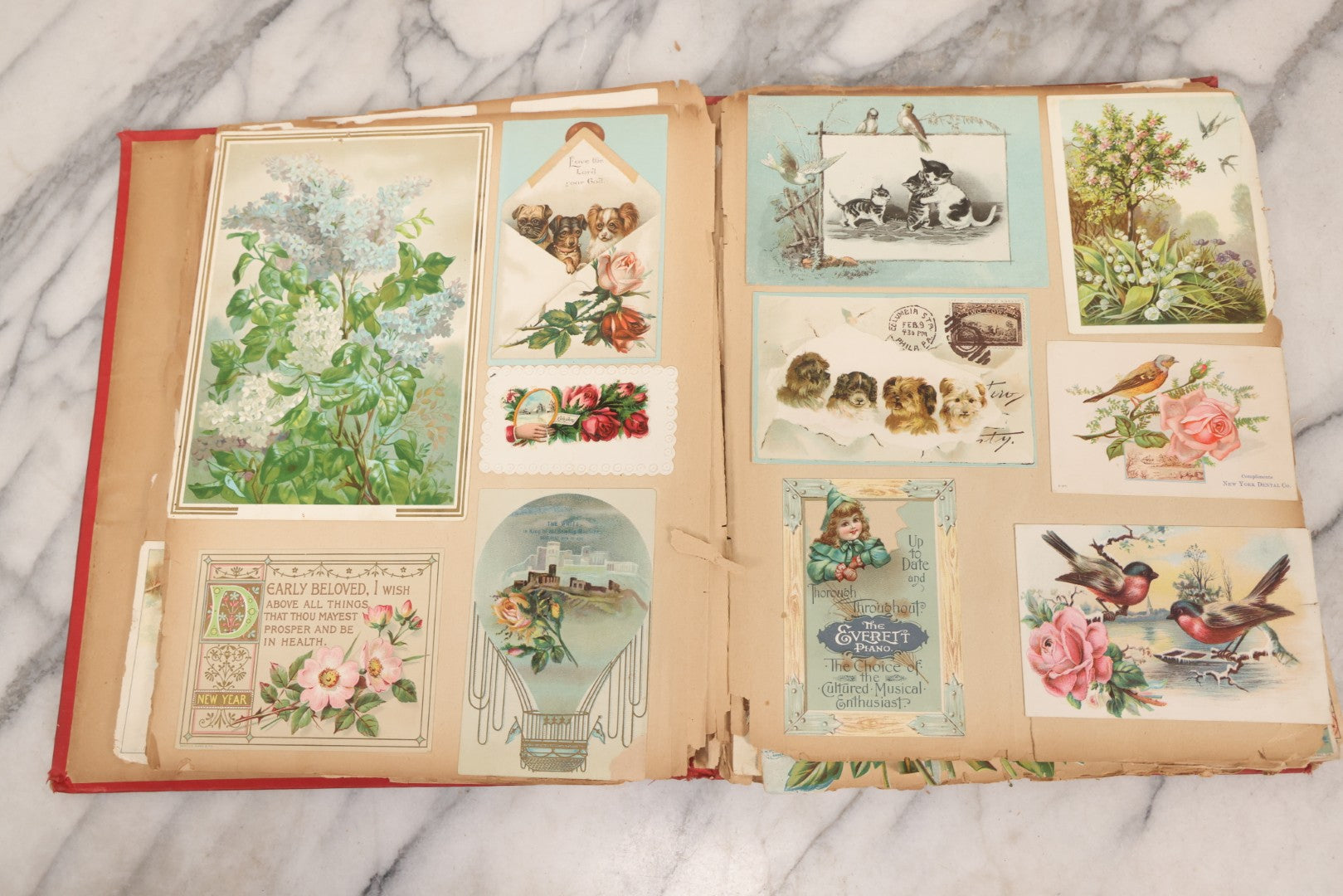 Lot 156 - Antique Victorian Trade Card And Die-Cut Scrapbook With Red Floral Cover, Containing 150+ Pieces, Pages Loose