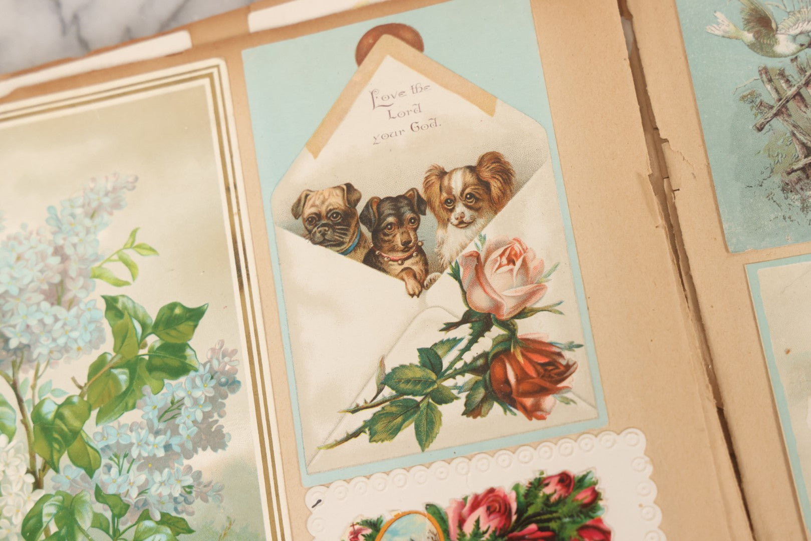 Lot 156 - Antique Victorian Trade Card And Die-Cut Scrapbook With Red Floral Cover, Containing 150+ Pieces, Pages Loose