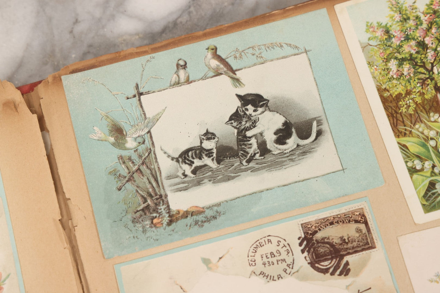 Lot 156 - Antique Victorian Trade Card And Die-Cut Scrapbook With Red Floral Cover, Containing 150+ Pieces, Pages Loose