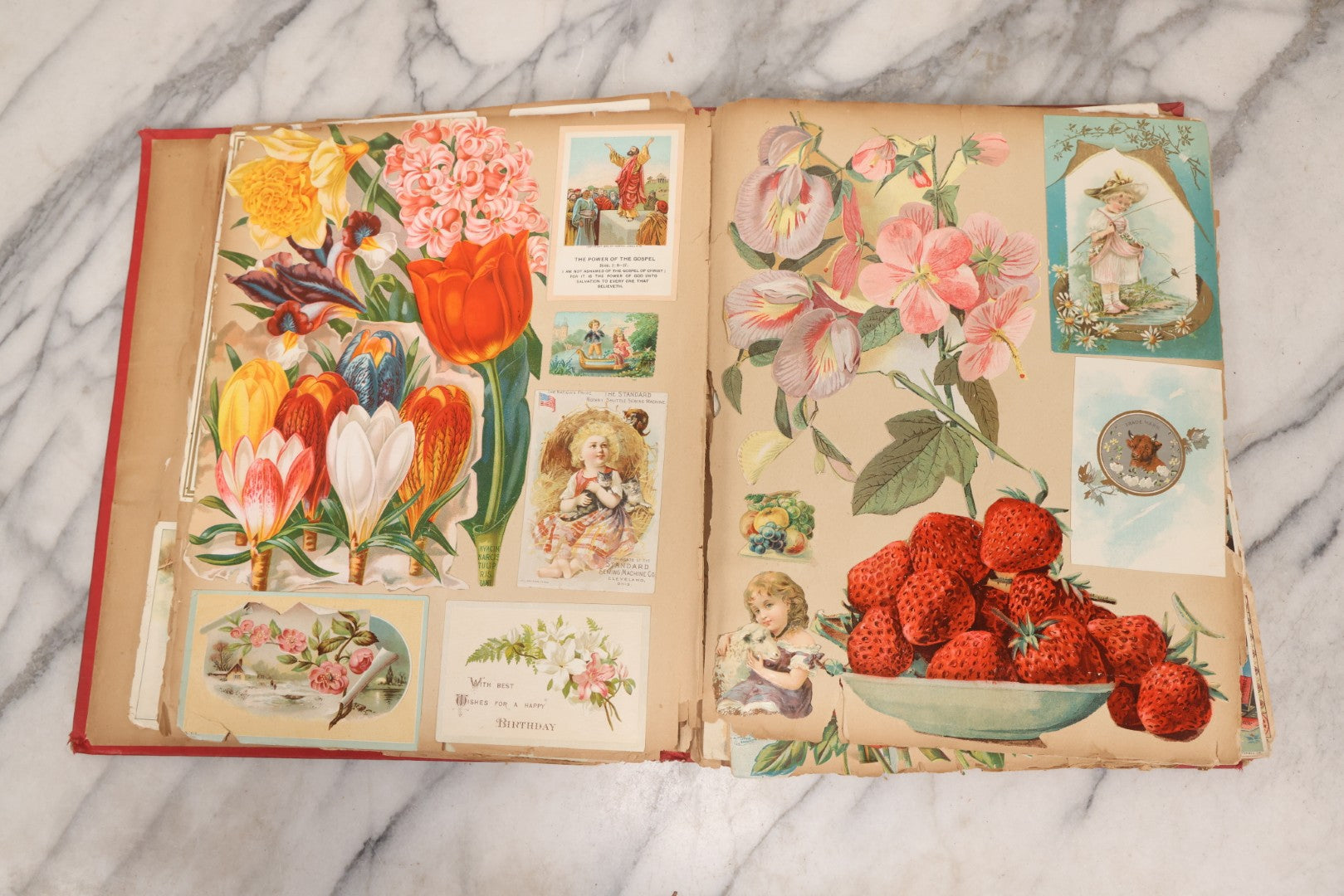 Lot 156 - Antique Victorian Trade Card And Die-Cut Scrapbook With Red Floral Cover, Containing 150+ Pieces, Pages Loose