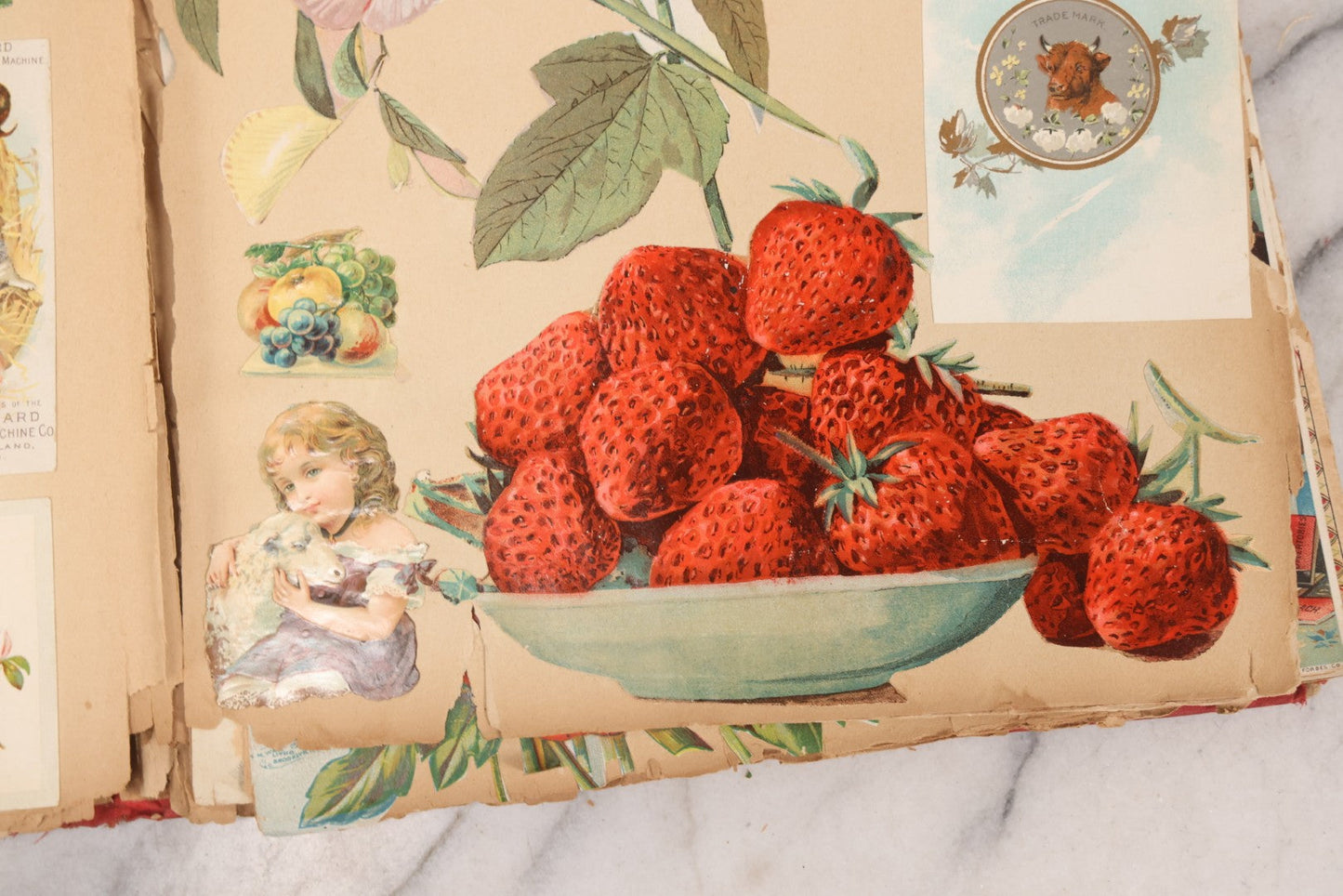 Lot 156 - Antique Victorian Trade Card And Die-Cut Scrapbook With Red Floral Cover, Containing 150+ Pieces, Pages Loose