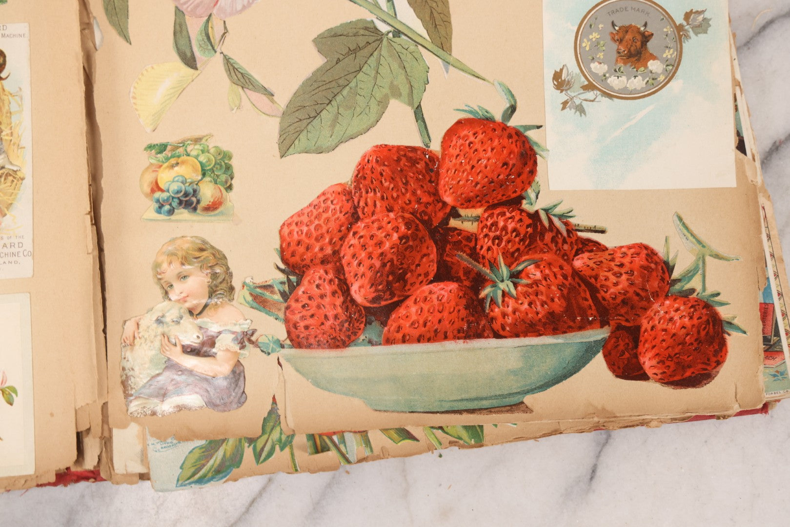 Lot 156 - Antique Victorian Trade Card And Die-Cut Scrapbook With Red Floral Cover, Containing 150+ Pieces, Pages Loose