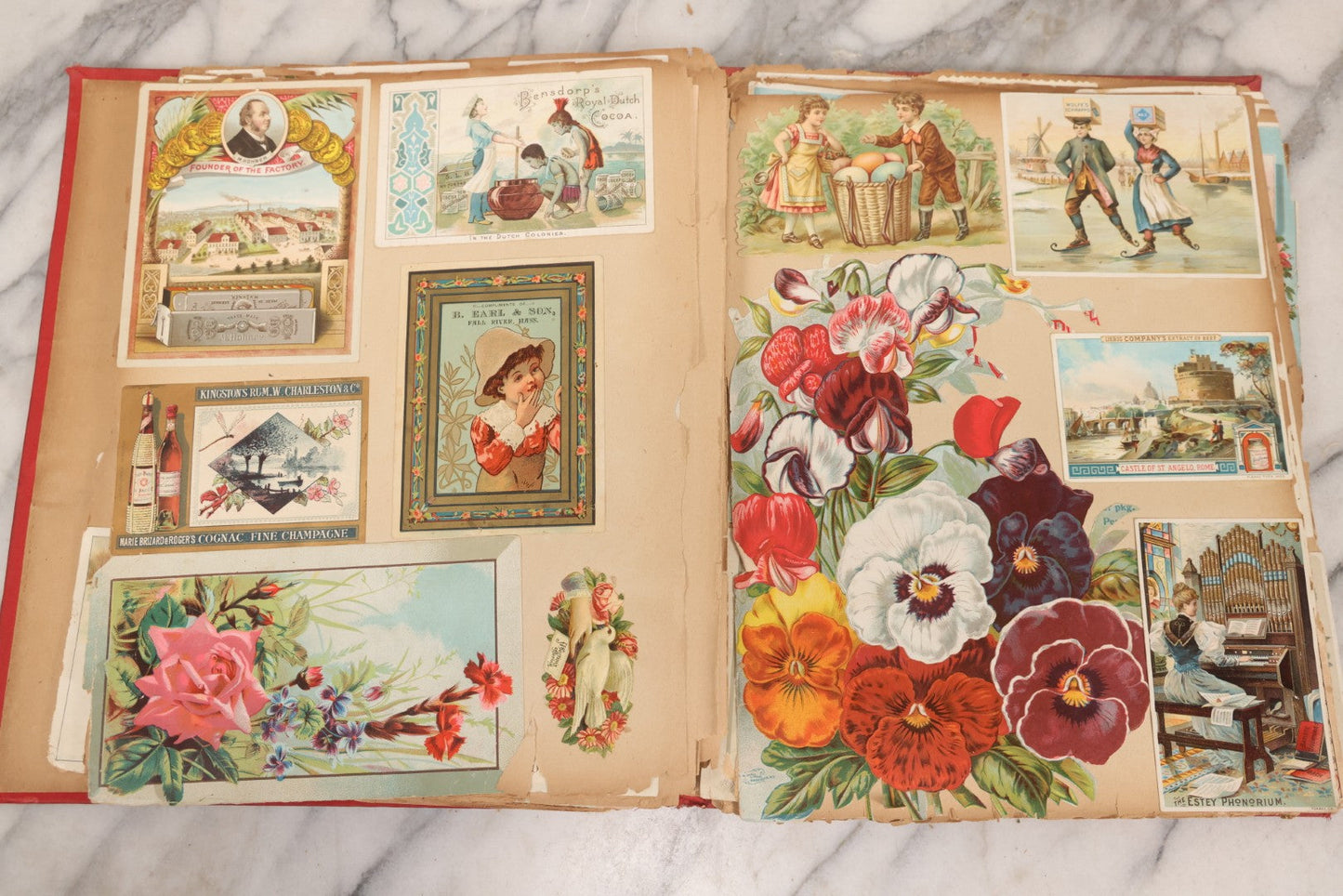 Lot 156 - Antique Victorian Trade Card And Die-Cut Scrapbook With Red Floral Cover, Containing 150+ Pieces, Pages Loose