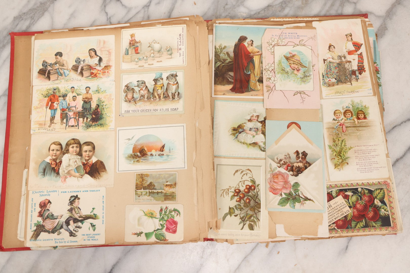 Lot 156 - Antique Victorian Trade Card And Die-Cut Scrapbook With Red Floral Cover, Containing 150+ Pieces, Pages Loose