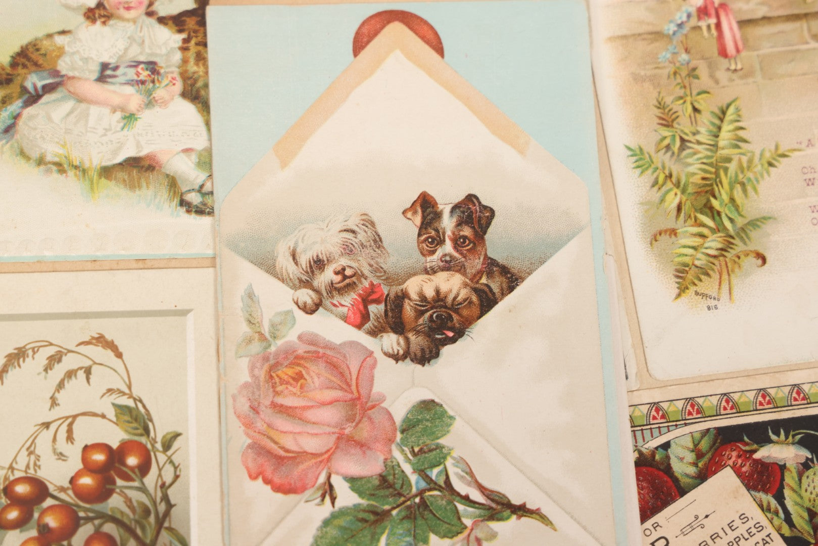 Lot 156 - Antique Victorian Trade Card And Die-Cut Scrapbook With Red Floral Cover, Containing 150+ Pieces, Pages Loose