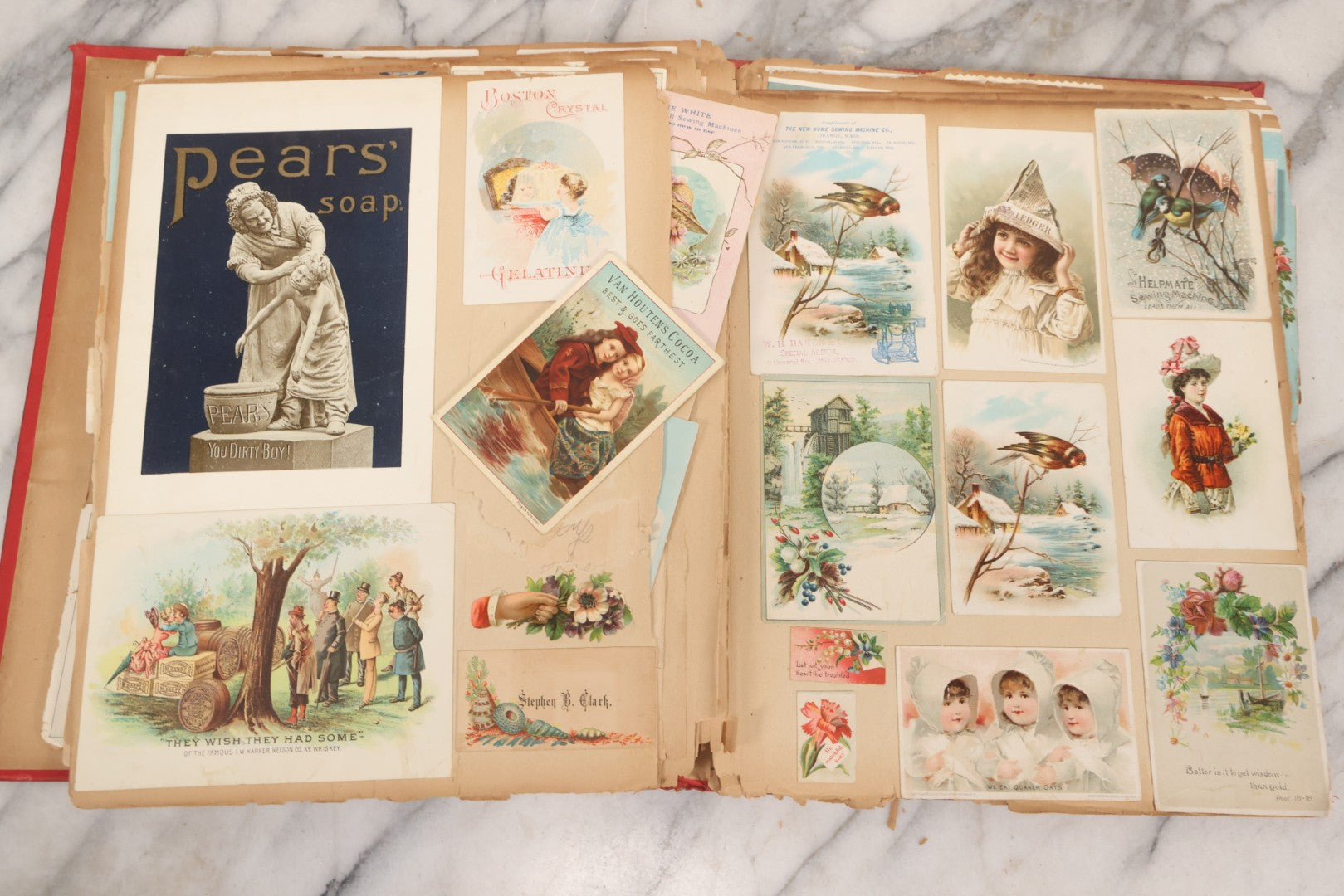 Lot 156 - Antique Victorian Trade Card And Die-Cut Scrapbook With Red Floral Cover, Containing 150+ Pieces, Pages Loose