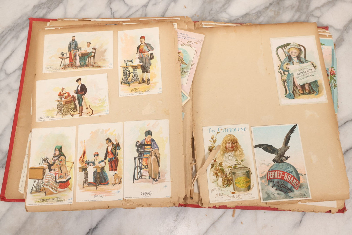 Lot 156 - Antique Victorian Trade Card And Die-Cut Scrapbook With Red Floral Cover, Containing 150+ Pieces, Pages Loose