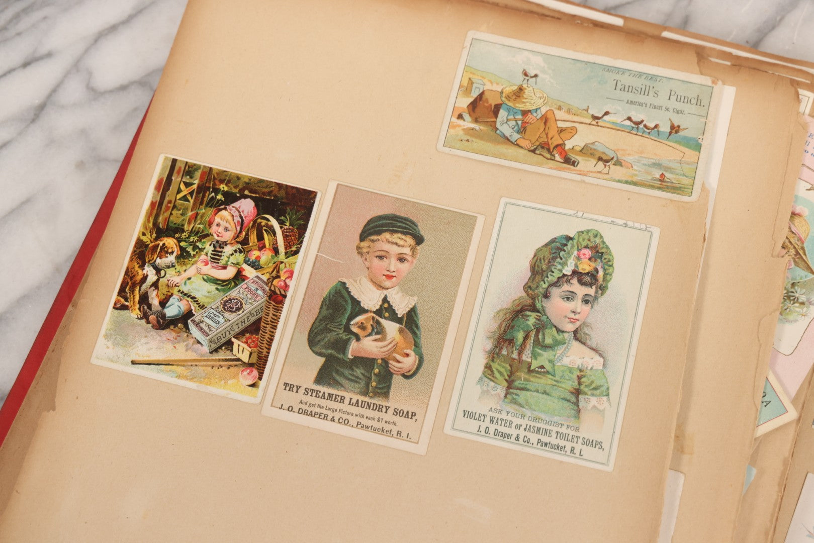 Lot 156 - Antique Victorian Trade Card And Die-Cut Scrapbook With Red Floral Cover, Containing 150+ Pieces, Pages Loose