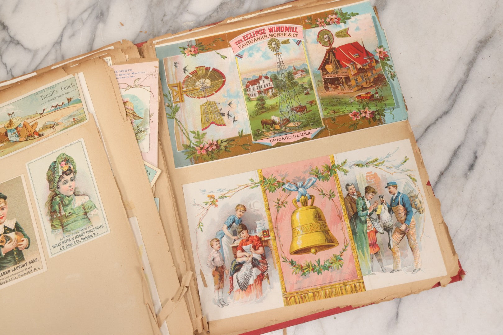 Lot 156 - Antique Victorian Trade Card And Die-Cut Scrapbook With Red Floral Cover, Containing 150+ Pieces, Pages Loose