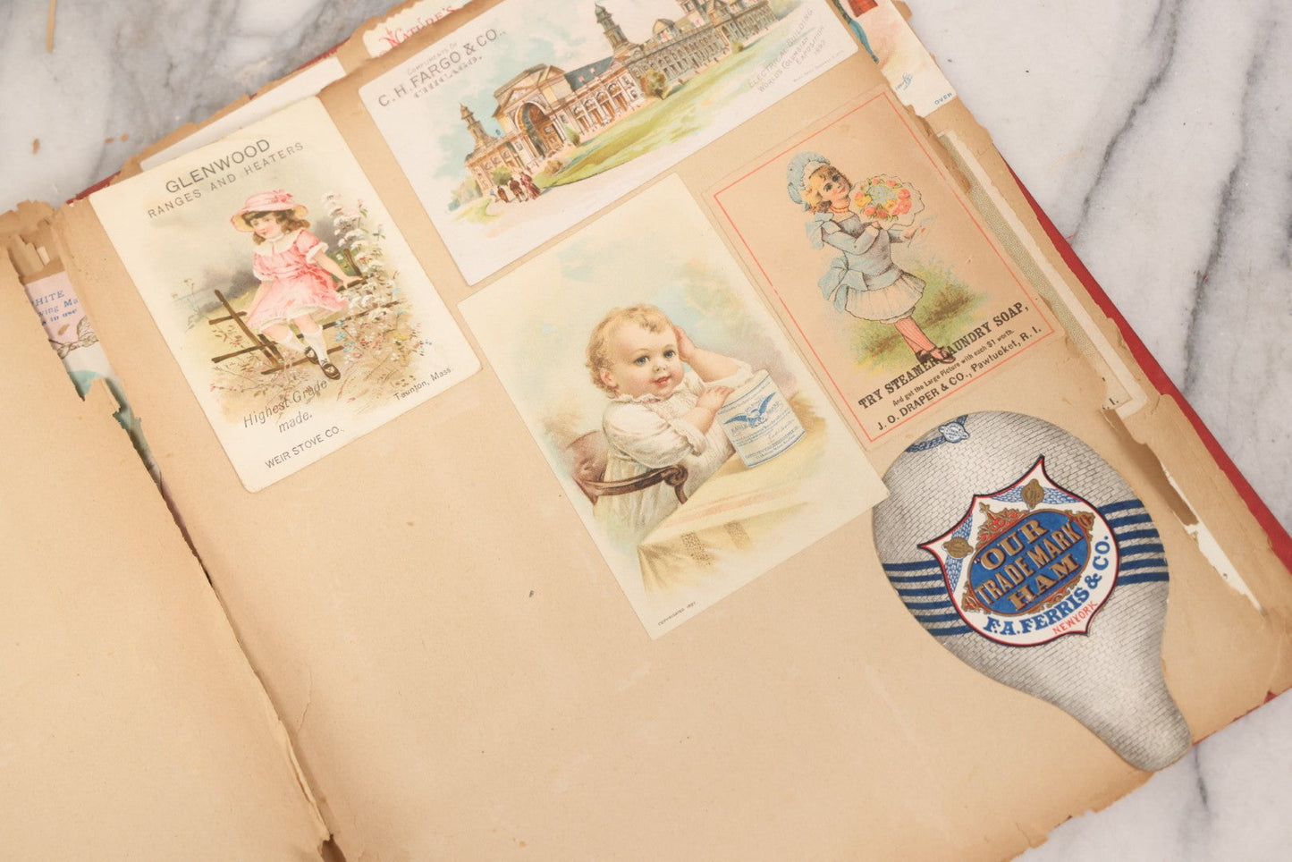 Lot 156 - Antique Victorian Trade Card And Die-Cut Scrapbook With Red Floral Cover, Containing 150+ Pieces, Pages Loose